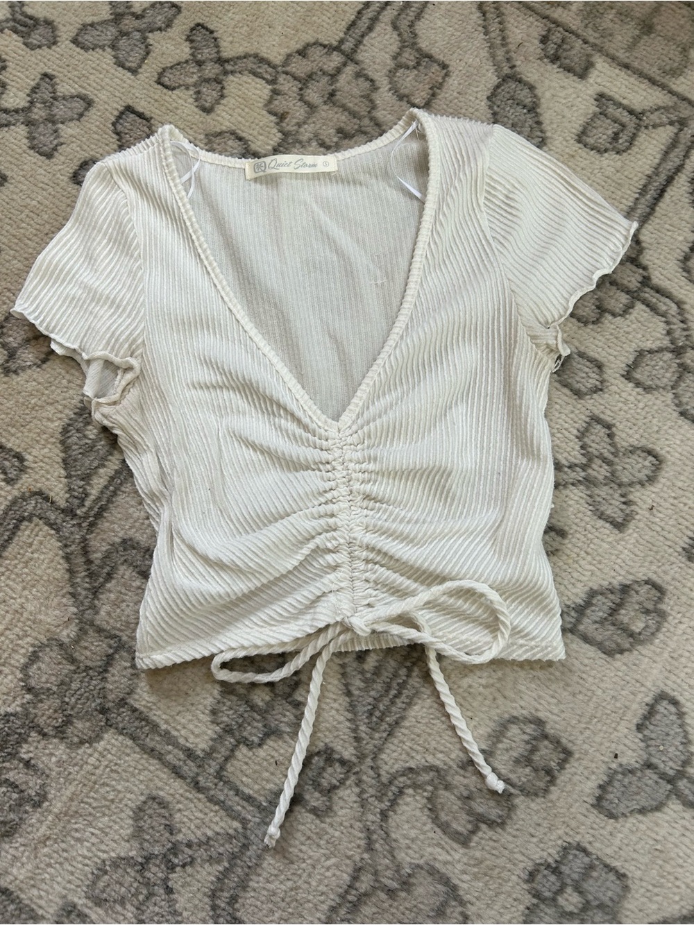 Quiet Storm White Ribbed Ruched V-Neck Tie-Front Top